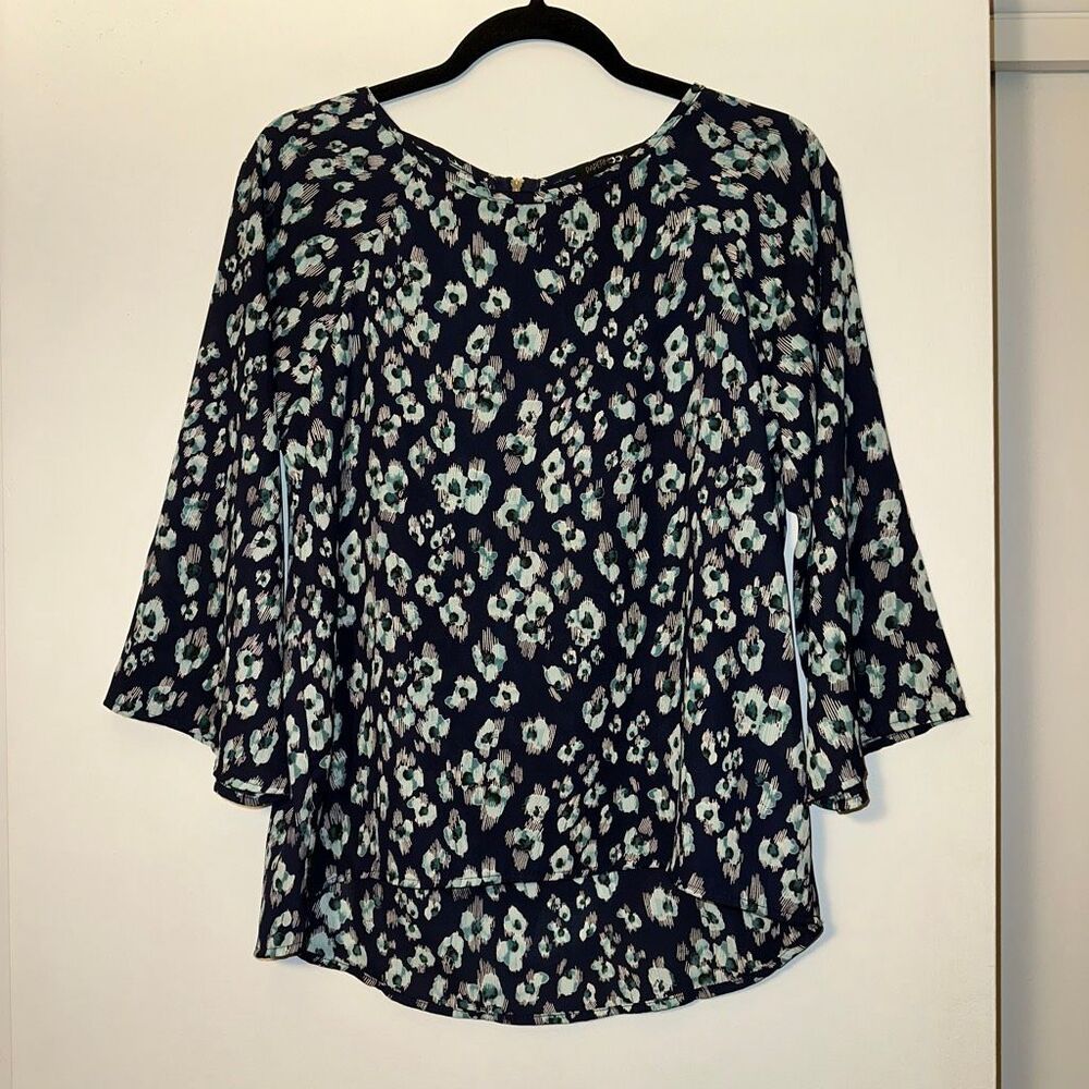 Papermoon Women’s Small Blouse Shirt 3/4 Sleeve Crew Neck Navy Teal Floral EUC